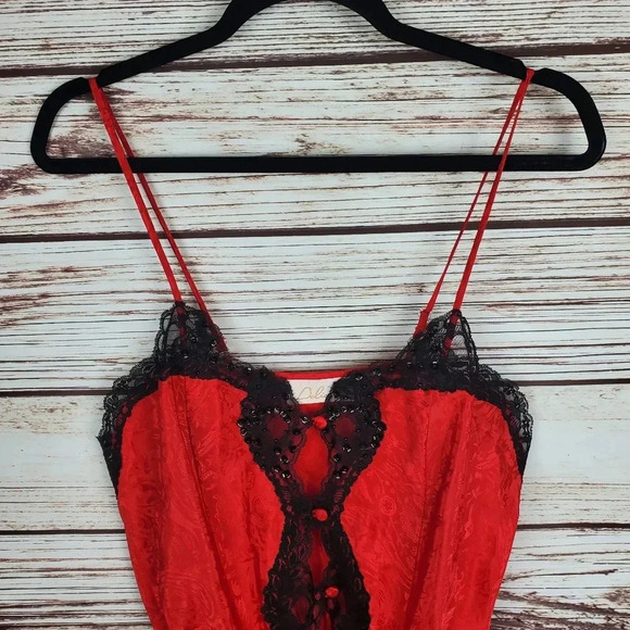 Delicates Womens Small Vintage Red&Black Floral Satin&Lace Teddy Bodysuit - Picture 2 of 9